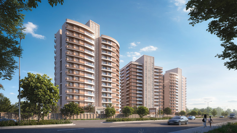Outer road view of Latitude 27 towers with landscaped streets and tree-lined boulevard