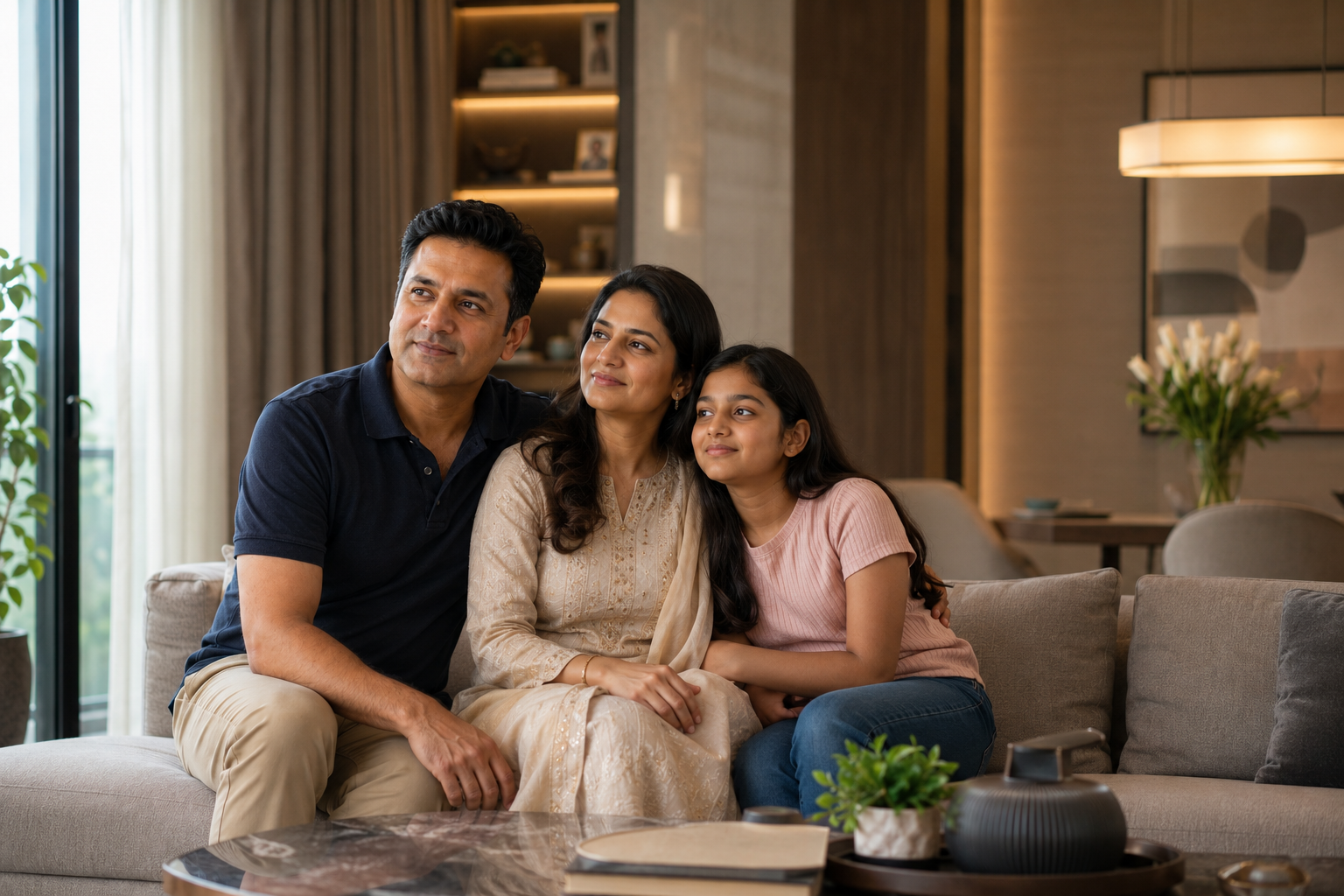An established Indian family together in the living room of a premium apartment